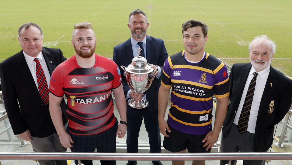 Evan Morton & Eoin O'Hagan from City of Armagh, Jan Cunningham of Millar McCall Wylie, Instonians Captain Bevan Prinsloo & President Robin McKelvey