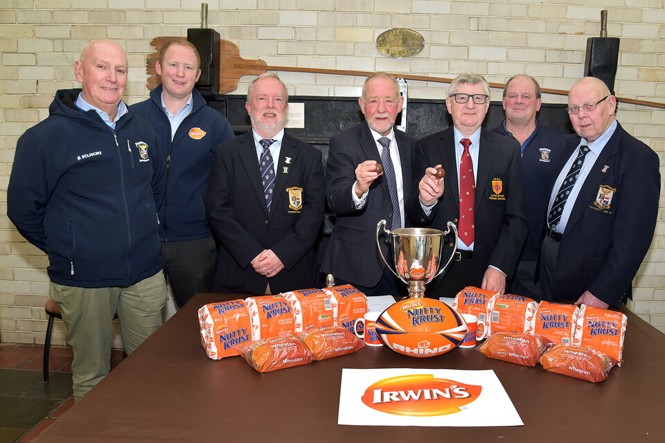 Clive Bowles, PRFC, Stewart Irwin, Irwins Bakery, Ian Wray PRFC, Brian Irwin, Dennis Gardiner, President of the Ulster Branch, Gary Jackson, Tournament Organiser and Bobby Stewart, PRFC