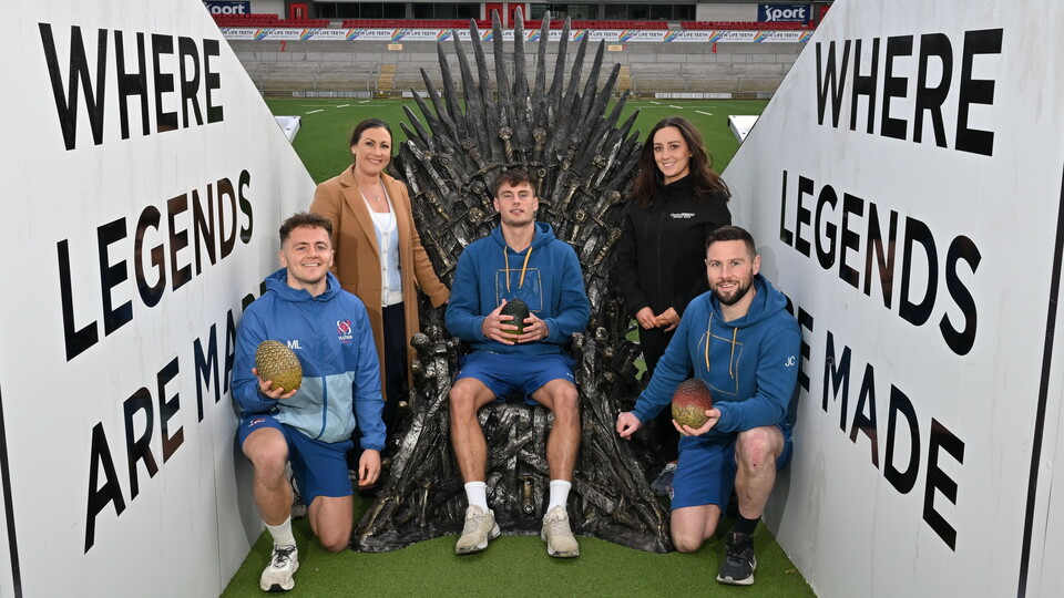Pictured are Ulster Rugby Senior Men's players Mike Lowry, Ethan McIlroy, and John Cooney, along with Game of Thrones Studio Tour Marketing Executive Holly Rydout, and Glenda Willett, Ulster Rugby Business Development Manager.