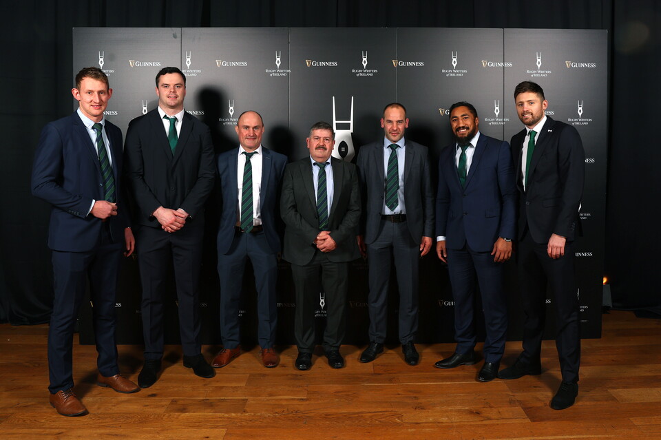 Stephen Bothwell, Mark Henderson, Richard Haire and Paul Armstrong of Clogher Valley RFC with James Ryan, Bundee Aki and Ross Byrne