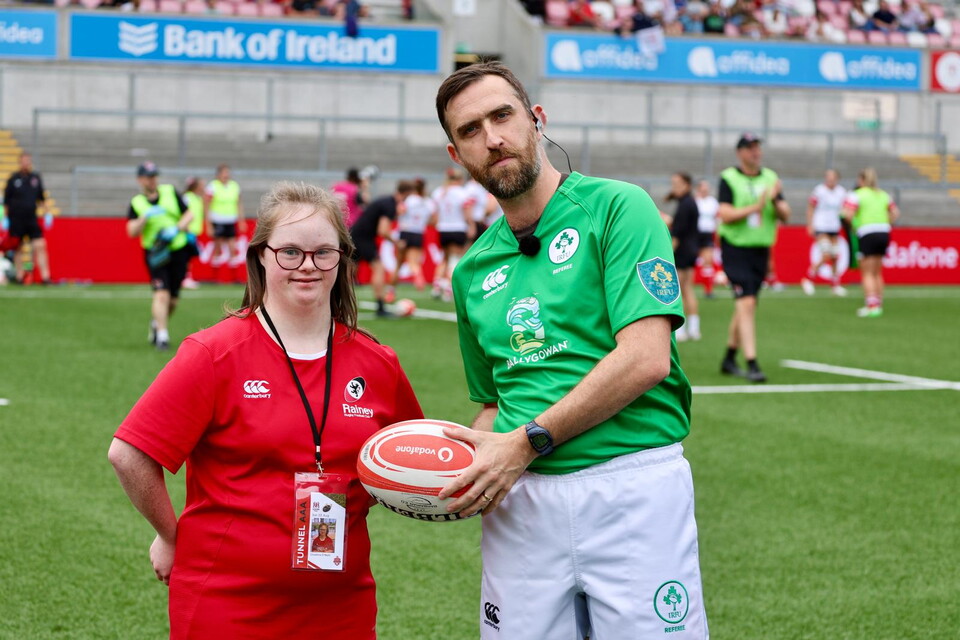 Cliodhna presenting the matchball at Affidea Stadium in August