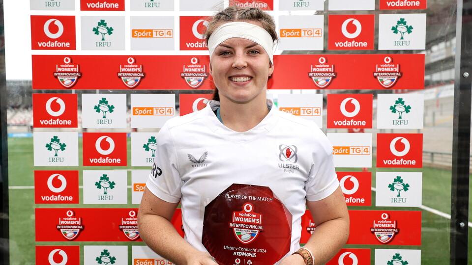Hogan pictured with the Player of the Match award following an interprovincial derby against Connacht in Belfast.