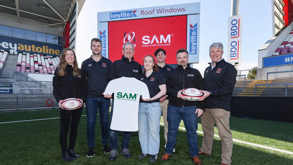 Left to right: Cat McCrea (SAM Joint Managing Director), Iain Henderson, Sam McCrea MBE (SAM CEO), Ella Durkan, Tom Stewart, Paul Lavery (SAM Joint Managing Director), Hugh McCaughey (Ulster Rugby CEO).
