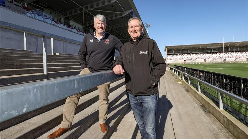 Ulster Rugby CEO, Hugh McCaughey, with SAM Mouldings CEO, Sam McCrea MBE.