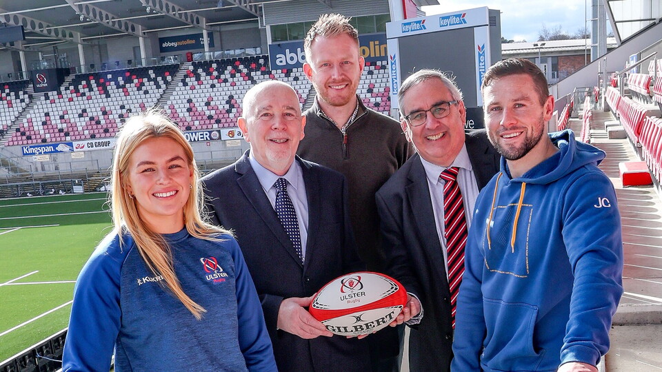 L-R: Ulster Rugby Senior Women's player, India Daley; Gerard McCurdy, Chief Commissioner of the Charity Commission for Northern Ireland; David Johnston, Funding Manager at Ulster Rugby; Martin Pitt, Chair of the Ulster Rugby Foundation Board; and...