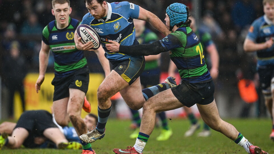 Harry Long leads the Dromore charge during the 2025/26 Energia All-Ireland Junior Cup Final.