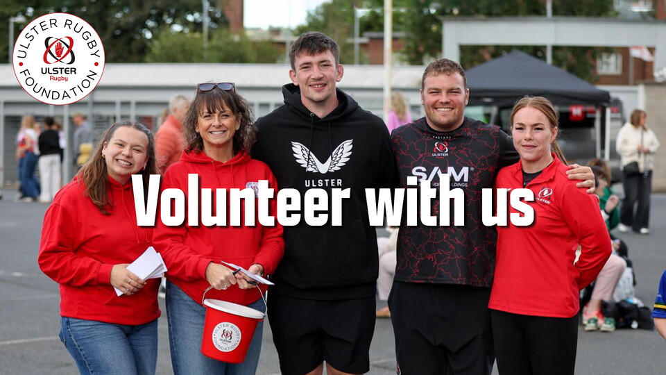Five volunteers standing together, one with a red bucket, text reads "Volunteer with us"