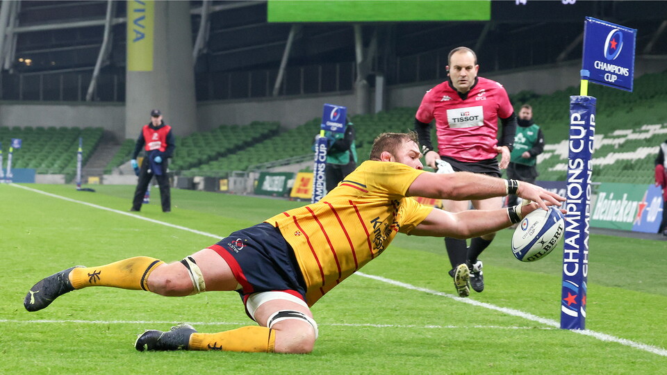 Despite defeat, Ulster salvage two bonus points with four second half tries and a last-minute penalty from John Cooney against the defending European Champions at an empty Aviva Stadium.