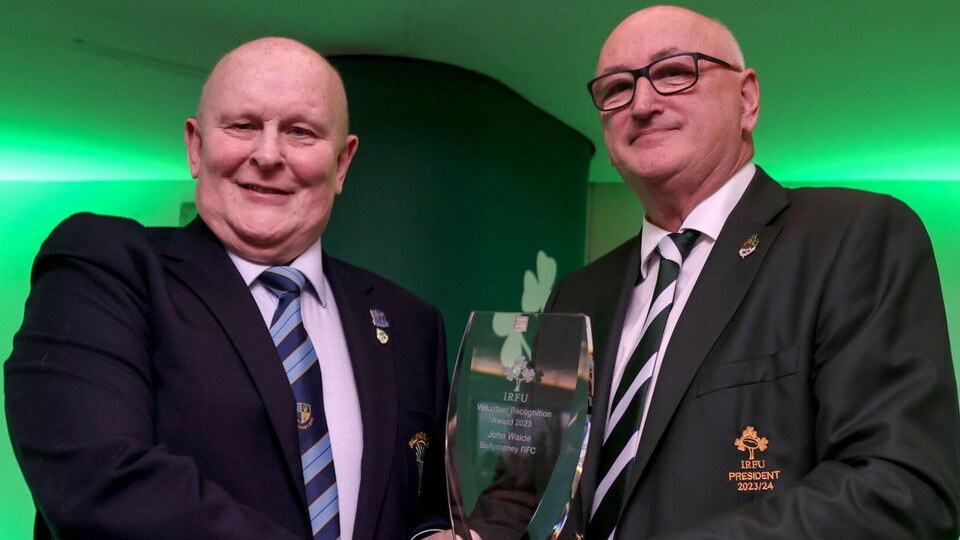 John Waide, from Ballymoney RFC received Recognition Award at the Ireland v Wales game in Dublin.