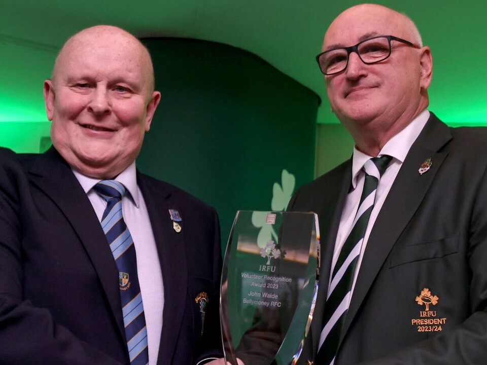John Waide, from Ballymoney RFC received Recognition Award at the Ireland v Wales game in Dublin.